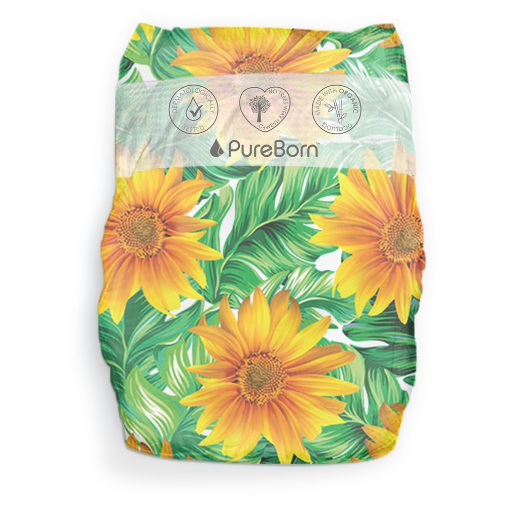 Pureborn - Size 2 Organic Diapers 3-6Kg 64s - Twin Value Pack - Sunflower