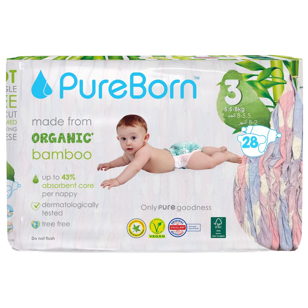 بيور بورن - حفاضات عضوية - حجم 3 - 5.5-8 كلغ - غيوم - 28 حفاض - عبوة  واحدة