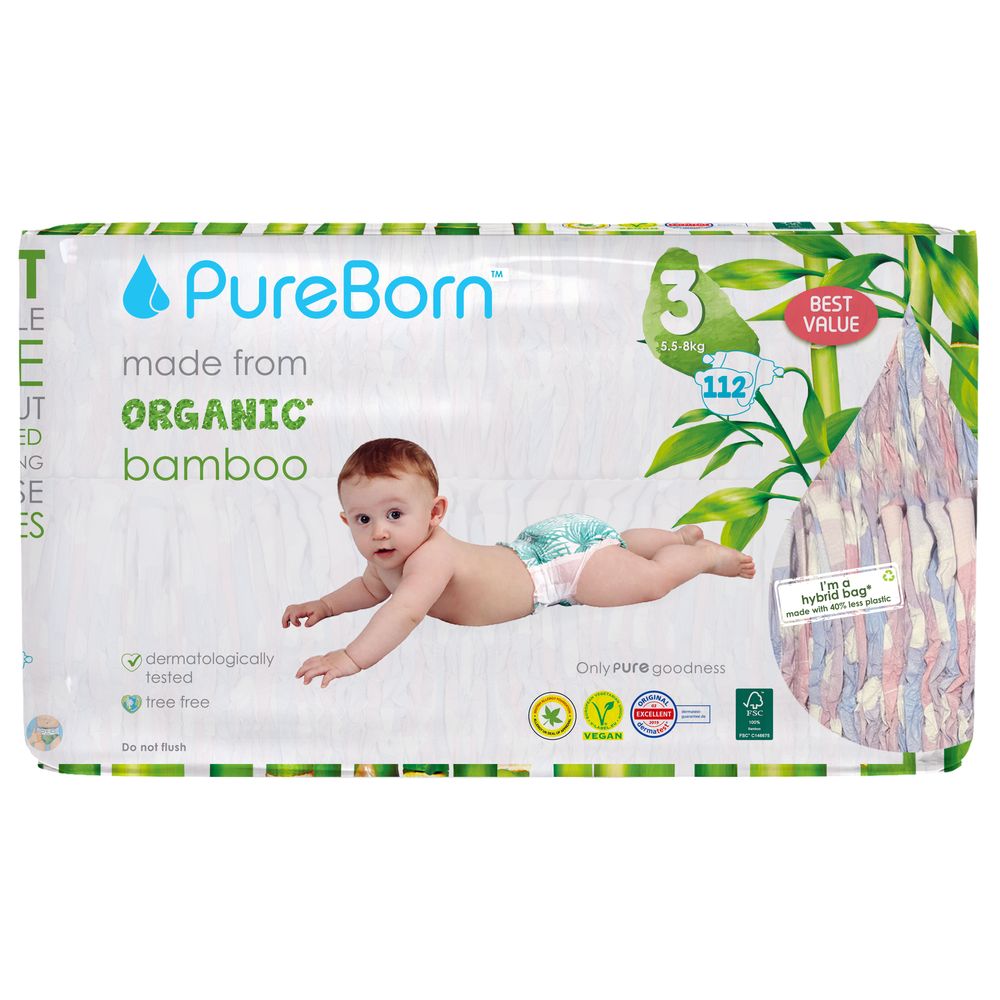 بيور بورن - حفاضات عضوية - 5.5-8 كلغ - حجم 3 - 112 حفاض - غيوم