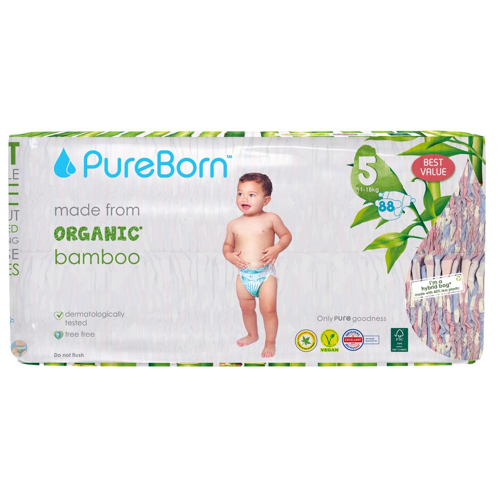 Pureborn Size 5 Organic Diapers 11-18Kg 88s - Master Value Pack - Cloud