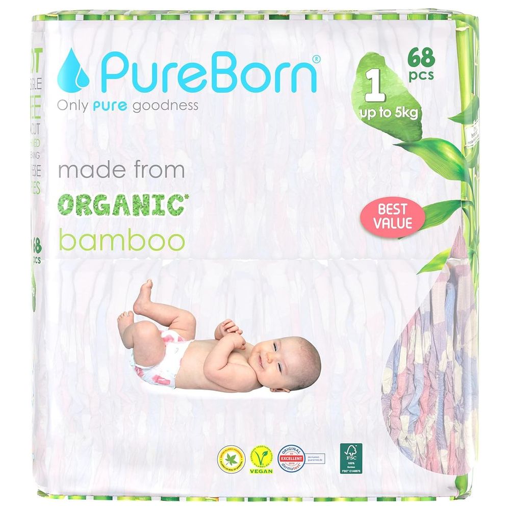 Pureborn Organic Baby Diapers - Up To 5 Kg - S1 - 68pcs