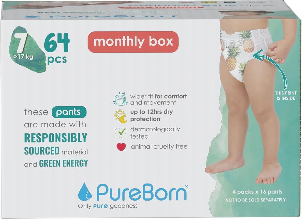 Pureborn - Pull Ups Diaper Pants - Monthly Box - Size 7 - 17 Kg Plus - 64 Pcs