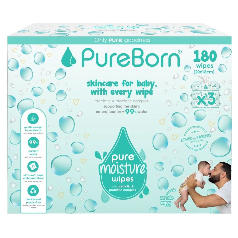 Pureborn - Pure Moisture Water Wipes - Pack of 3 - 180 Pcs
