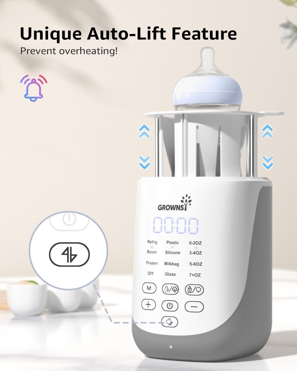 Grownsy - Fast Baby Bottle Warmer with Smart Auto-Lift and Night Light