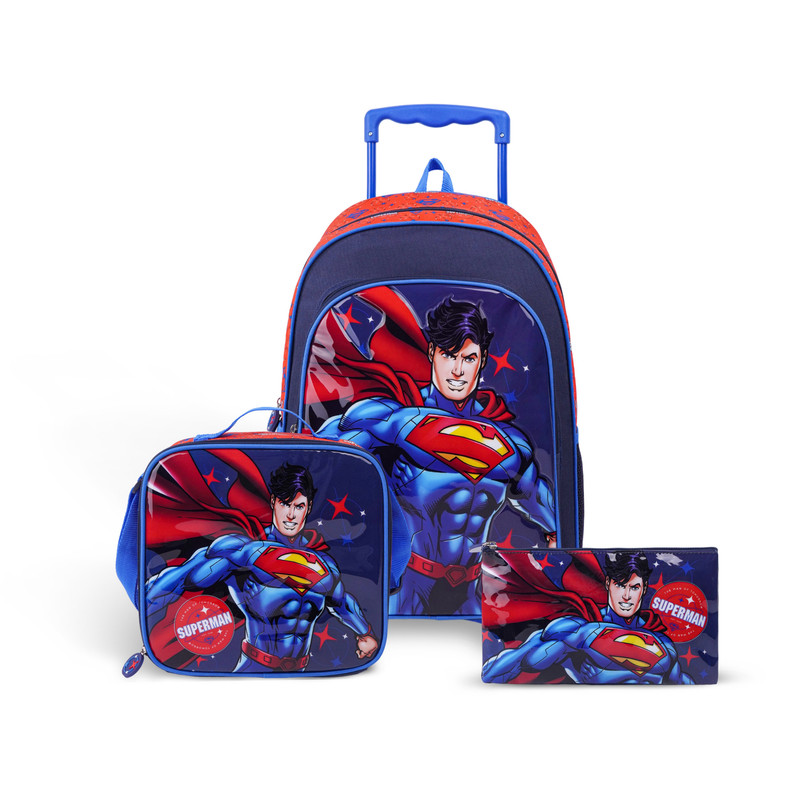 Warner Bros - Superman Last Son of Krypton 3in1 Trolley Box Set - 18-Inch Trolley With Lunch Bag & Pencil Case - Blue