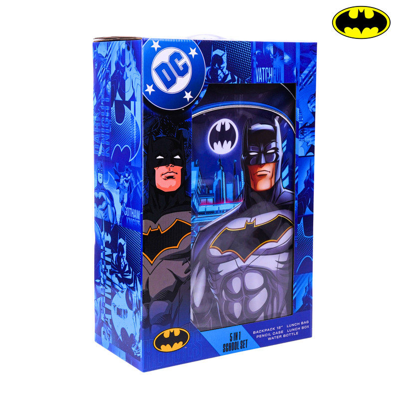 Warner Bros. - 5-In-1 Backpack, Lunch Bag, Water Bottle, Pencil Case & Lunch Box Set - Batman Knight Hero