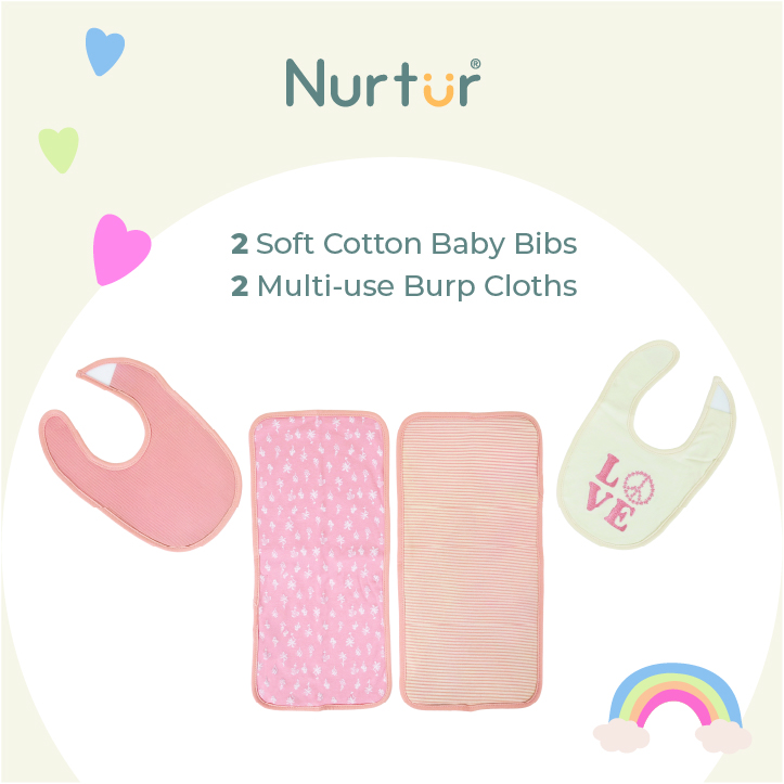 Nurtur - Baby Bibs & Burp Cloths - 4 Pcs - Pink/Multicolor