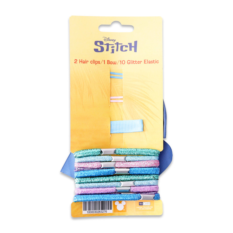 Disney - Stitch - 2 Hair Clips - 1bow - 10 Glitter Elastic