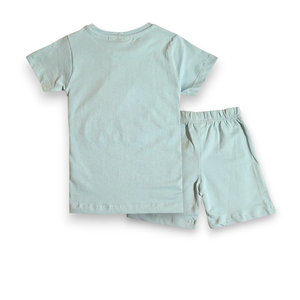 بينوتس - طقم تي شيرت وبنطال قصير مطبوع للبنات بأكمام قصيرة - أزرق - قطعتين