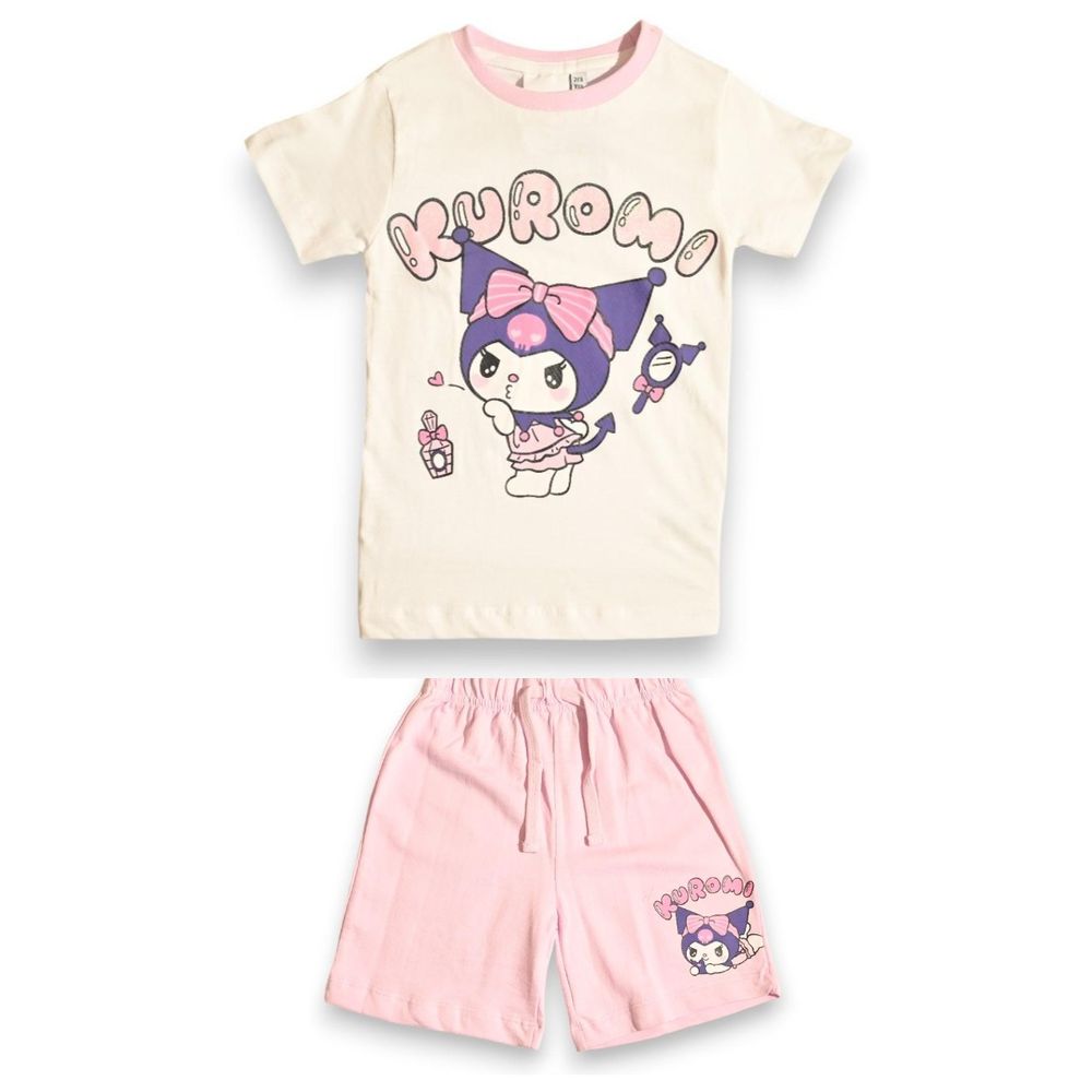 Kuromi - 2pc-Set - Girls' Printed Short Sleeves T-Shirt & Shorts - Light Pink