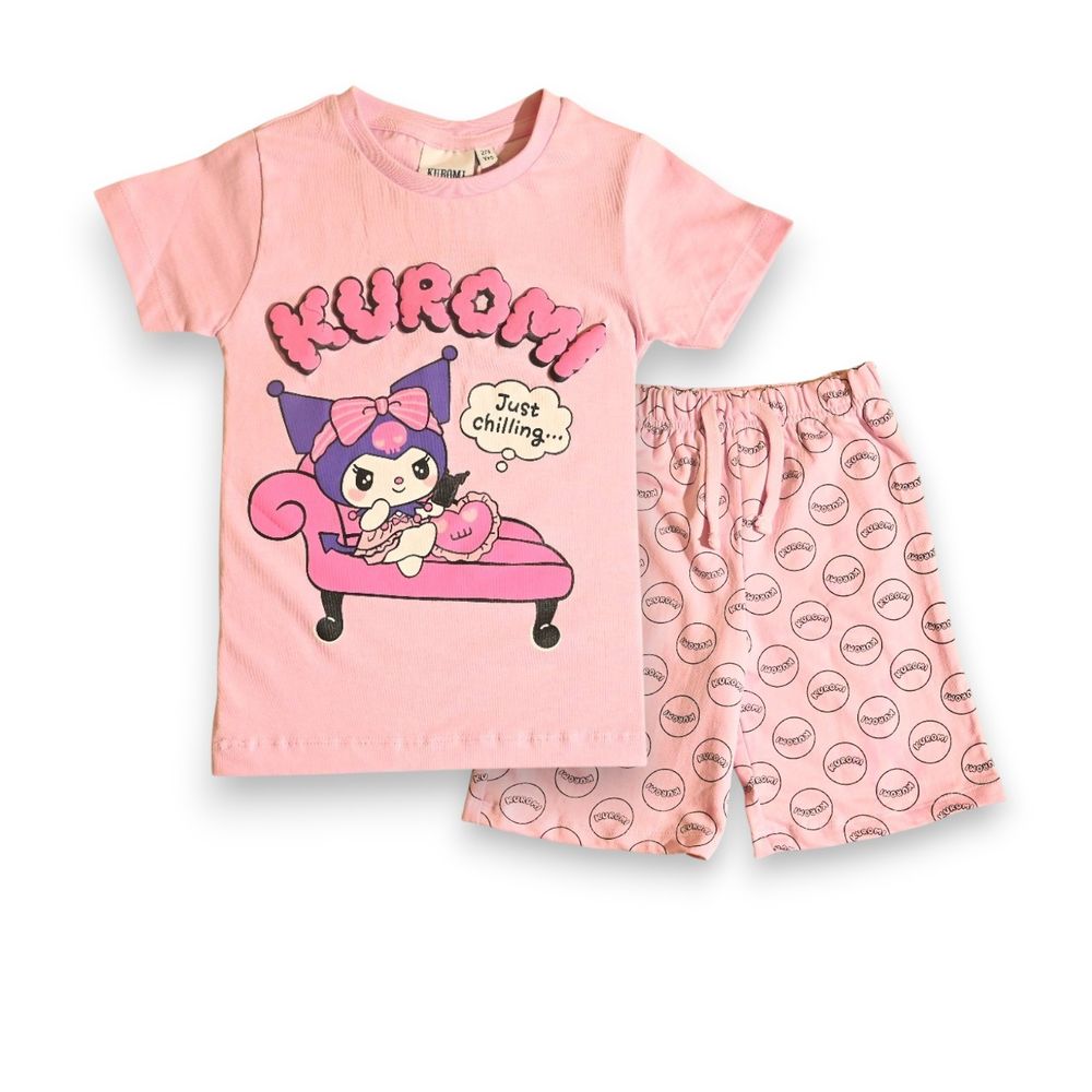 Kuromi - 2pc-Set - Girls' Just Chilling Printed Short Sleeves T-Shirt & Shorts - Pink