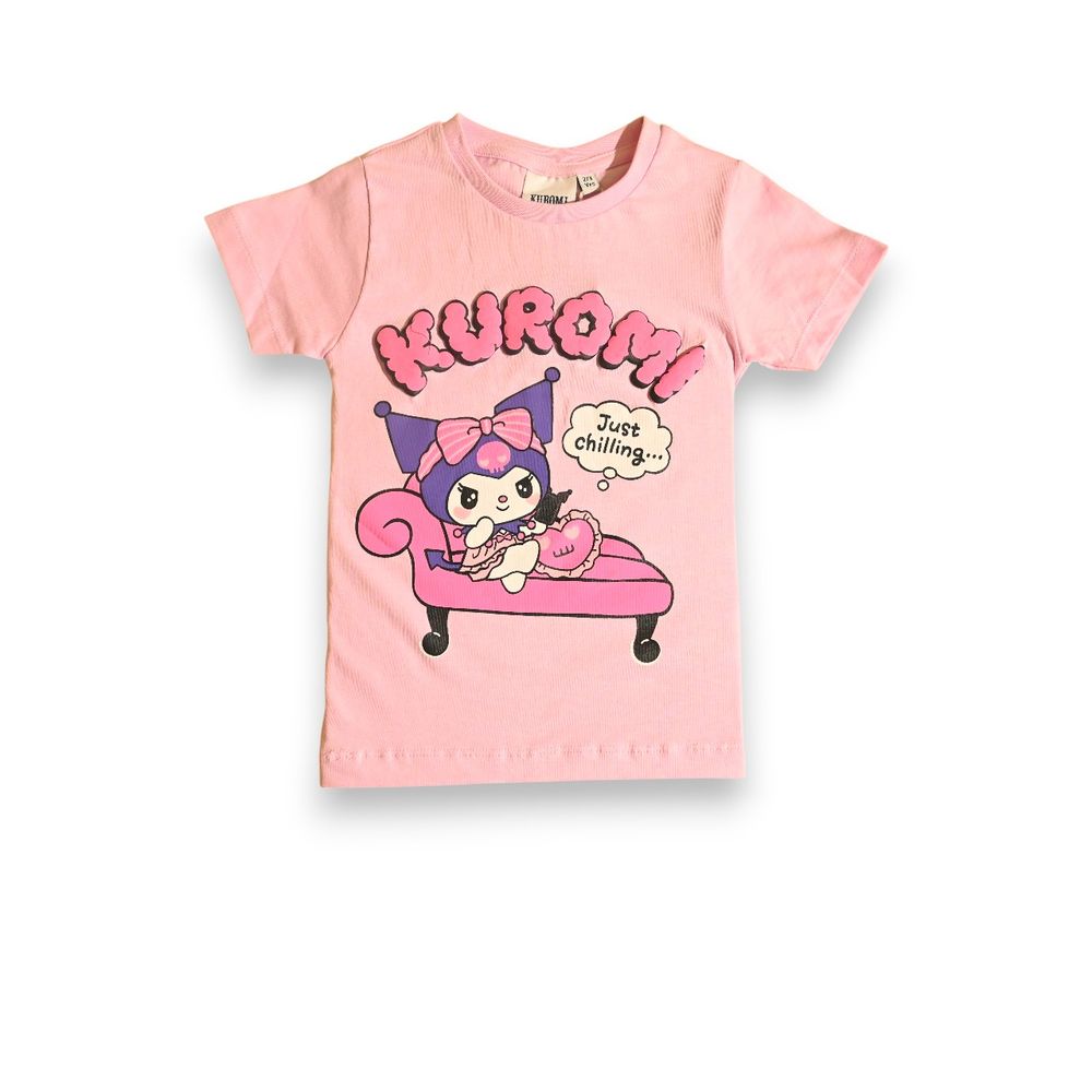 Kuromi - 2pc-Set - Girls' Just Chilling Printed Short Sleeves T-Shirt & Shorts - Pink
