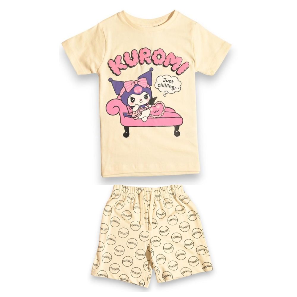 Kuromi - 2pc-Set - Girls' Just Chilling Printed Short Sleeves T-Shirt & Shorts - Beige