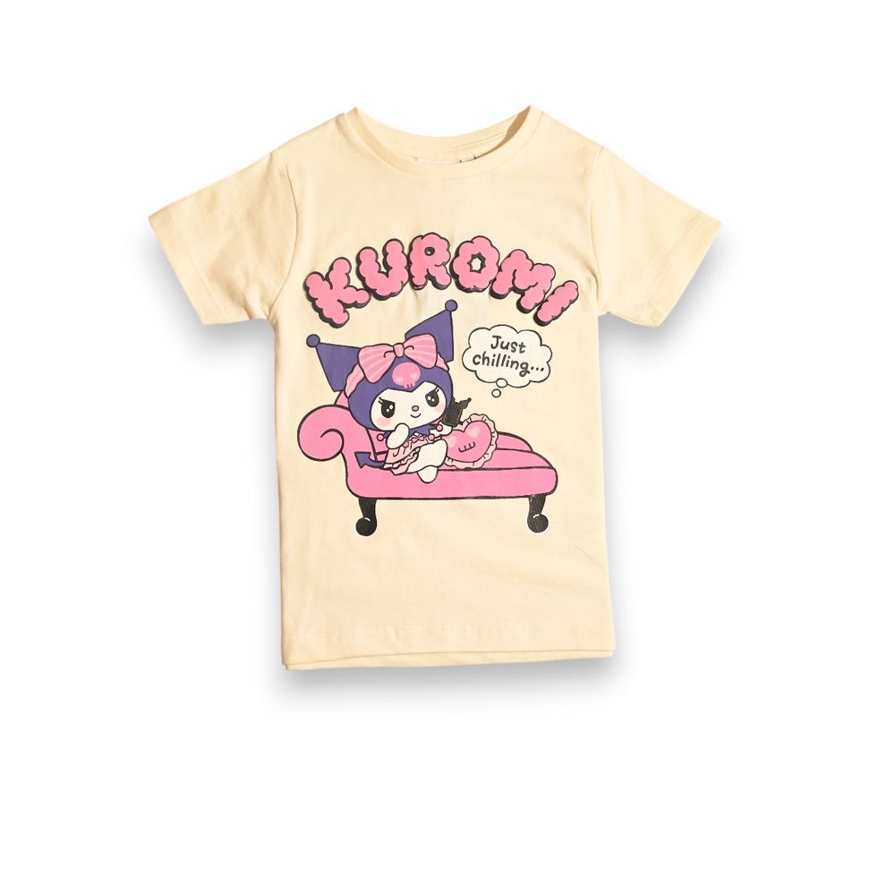 Kuromi - 2pc-Set - Girls' Just Chilling Printed Short Sleeves T-Shirt & Shorts - Beige