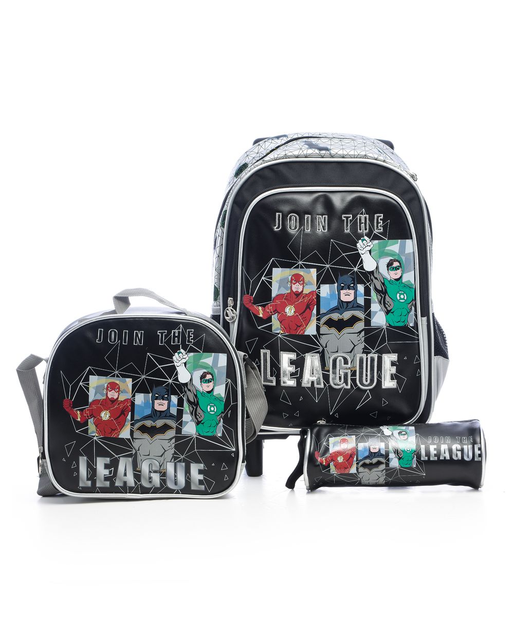 Justice League - School Trolley Bag - 14-inch With Lunch Bag And Pencil Case - Black - 3pcs