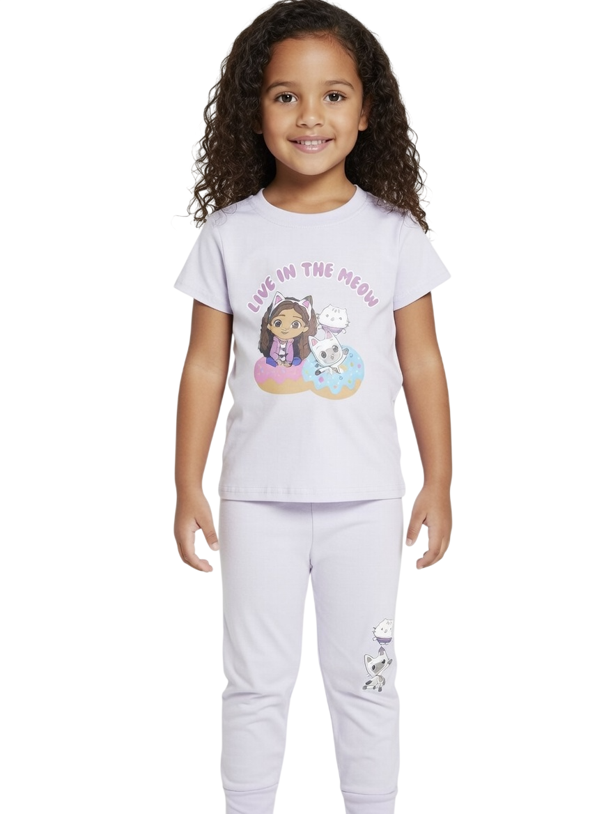 بيت الدمى من غابي - طقم من قطعتين - تيشيرت وبنطال مطبوع بأكمام قصيرة للبنات - لون أرجواني فاتح