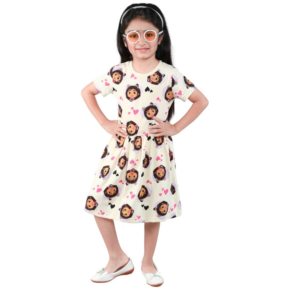 غابيز دول هاوس - فستان جيرسي مطبوع للبنات - كريمي