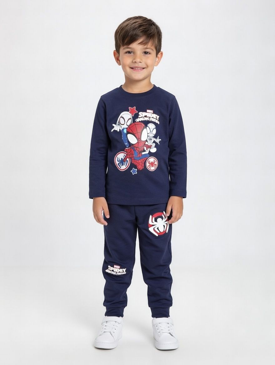 سبايدرمان - طقم قطعتين - تي شيرت بأكمام طويلة وبنطال للأولاد - كحلي