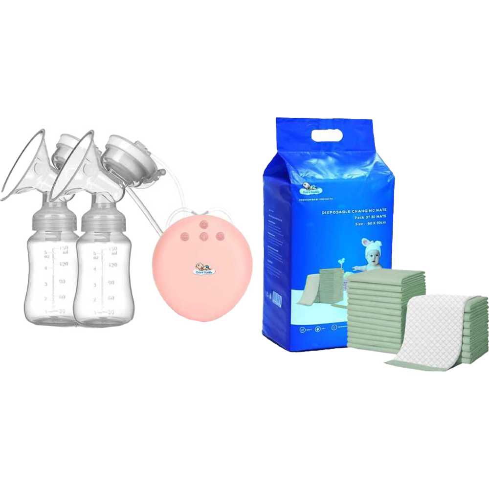 مضخة ثدي كهربائية مزدوجة مع سجادات تغيير حفاضات للأطفال للاستخدام مرة واحدة - Cute 'n' Cuddle