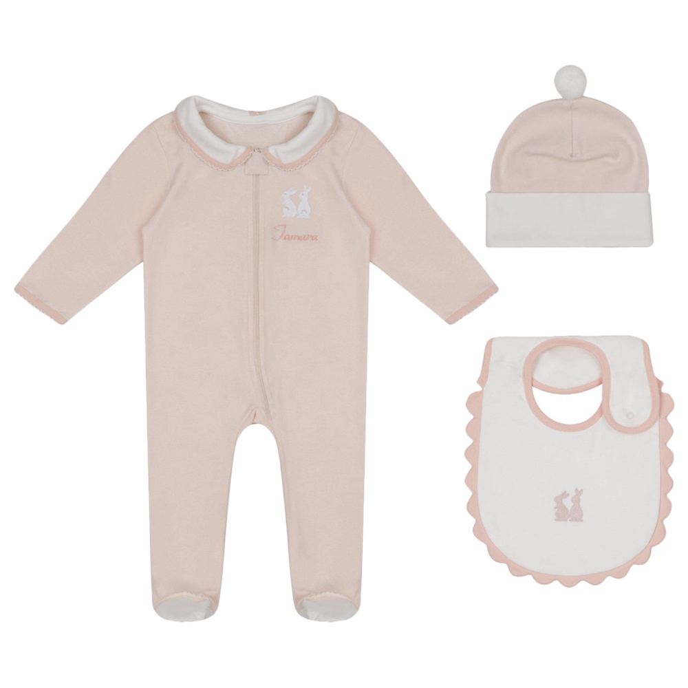 Little IA - 3pc-Set - Cotton Bunny Sleepsuit, Beanie Cap And Bib - Pink