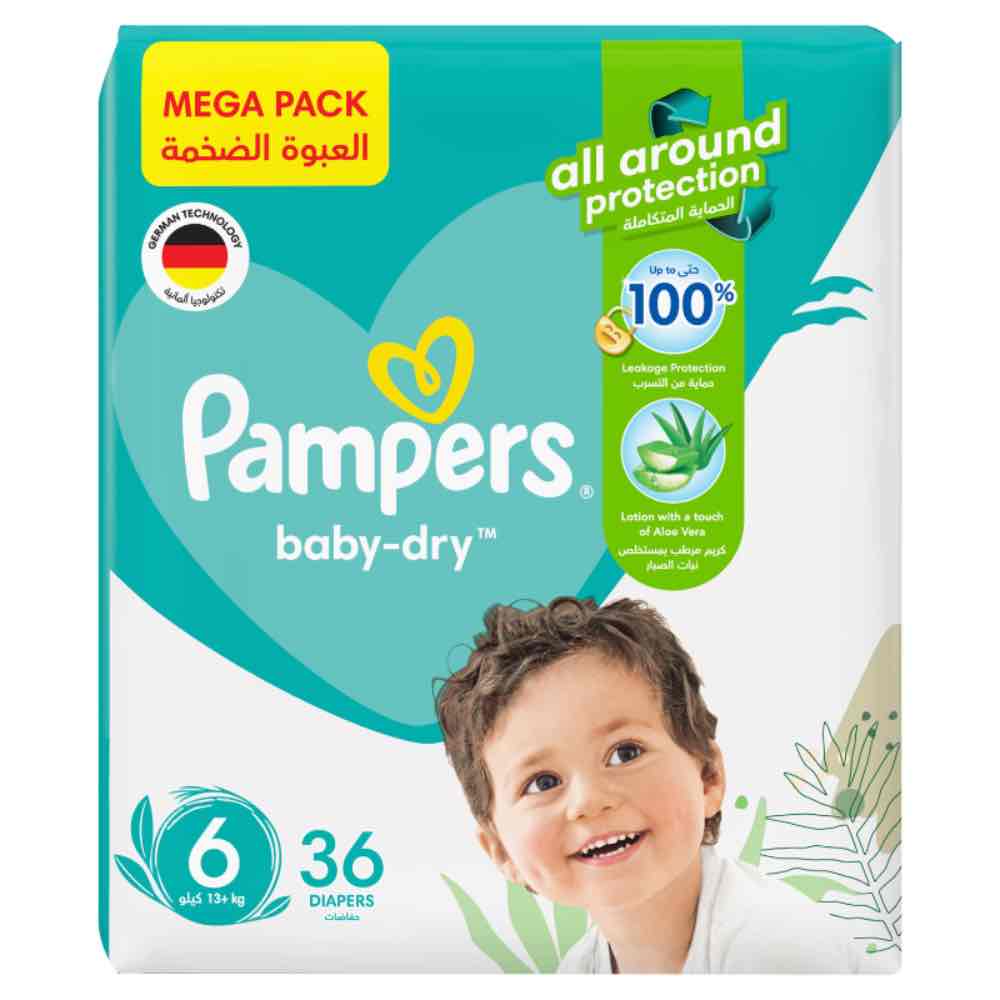 بامبرز - حفاضات بيبي دراي - حجم 6 - 13+كلغ بحماية 100% من التسريب حتى 12 ساعة وجوانب أعرض للراحة - 36 حفاض