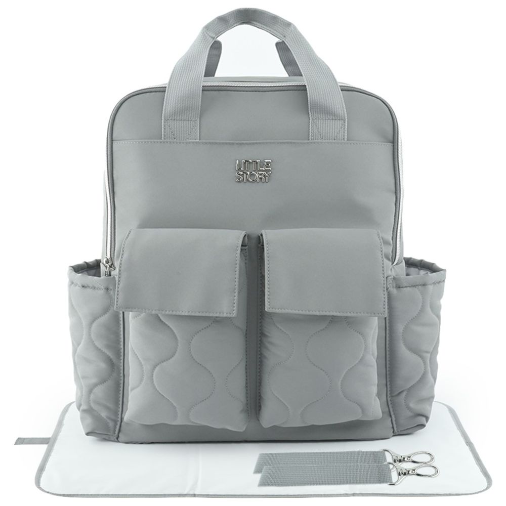 Little Story - Quilted Diaper Backpack With Changing Mat - Grey