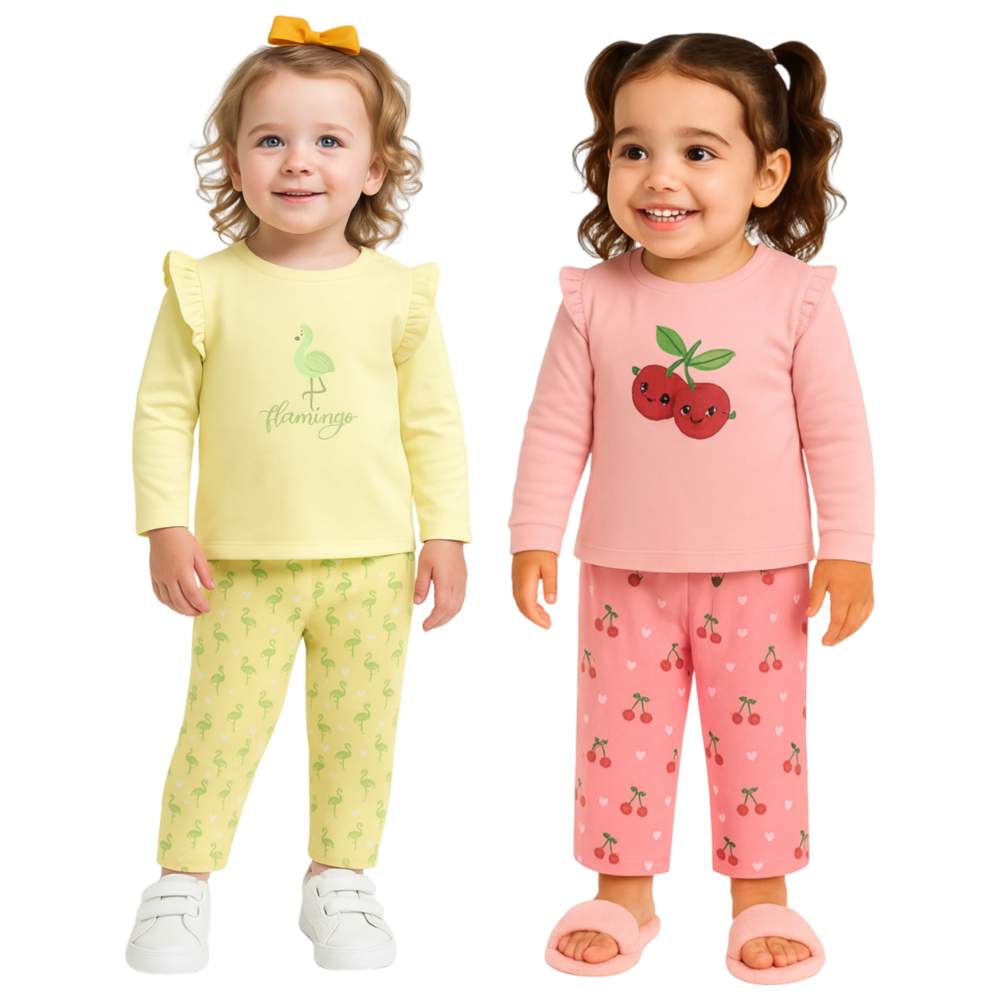 Luay - 4pc-Set - Girls' Printed Co-Ord Full Sleeves T-Shirt & Pants - Soft Yellow/Pink