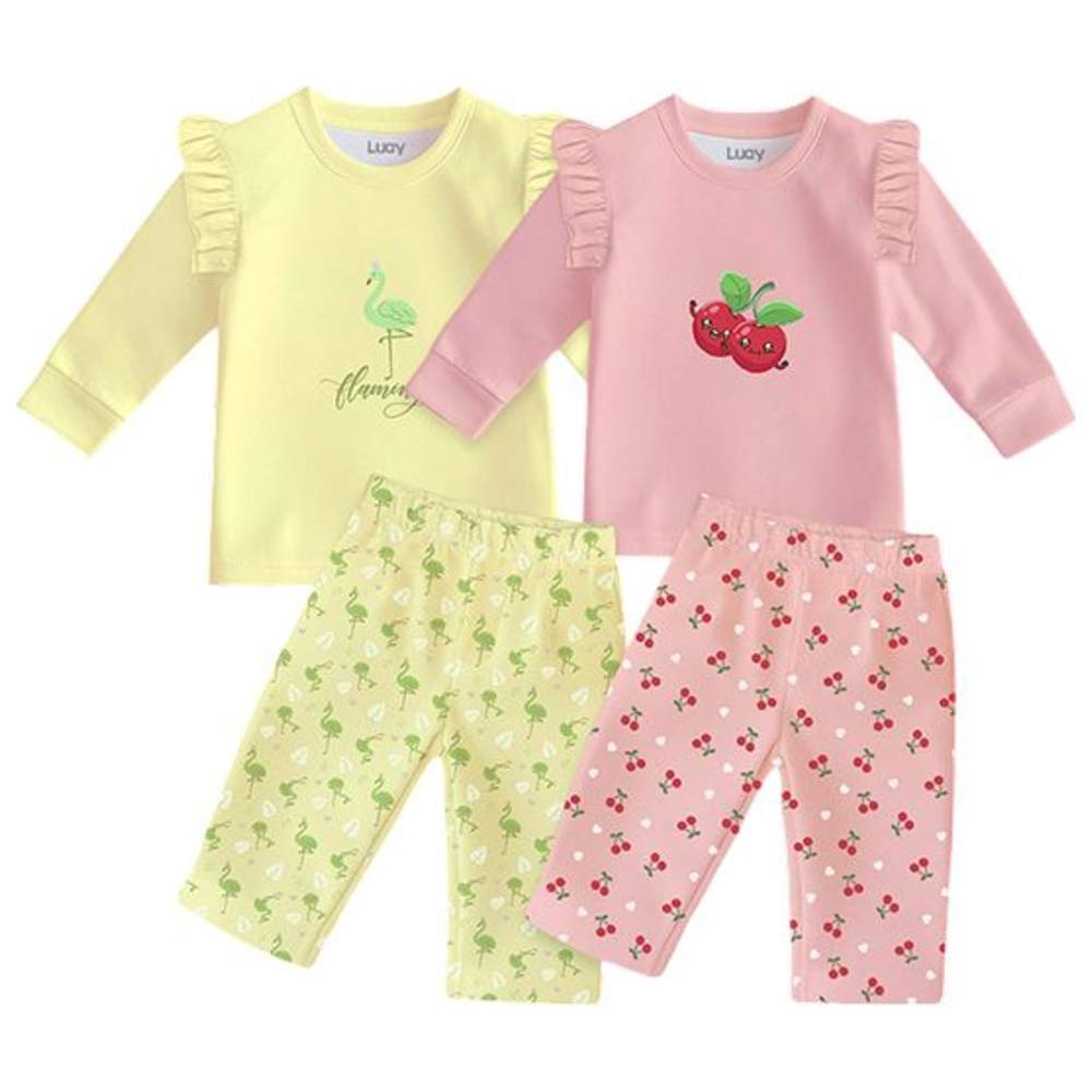 لؤي - طقم تي شيرت بأكمام طويلة مع بنطال برسومات للبنات - أصفر فاتح/زهري - 4 قطع