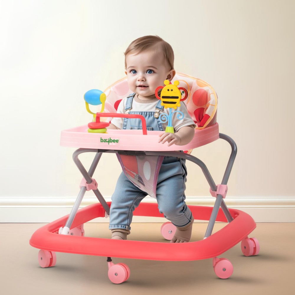 Baybee - Shrumo Foldable Baby Walker With Adjustable Height, Music & Lights - Pink