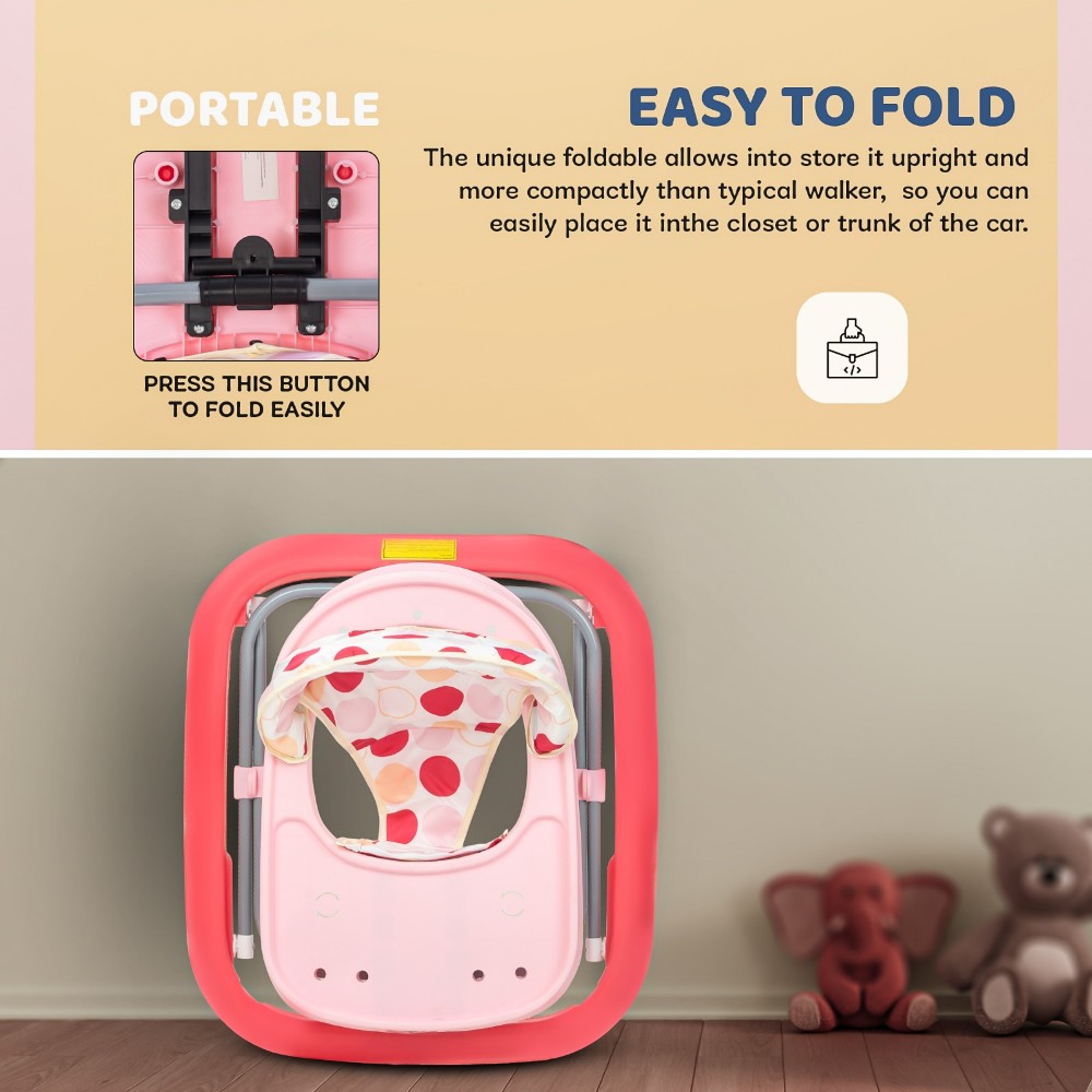 Baybee - Shrumo Foldable Baby Walker With Adjustable Height, Music & Lights - Pink