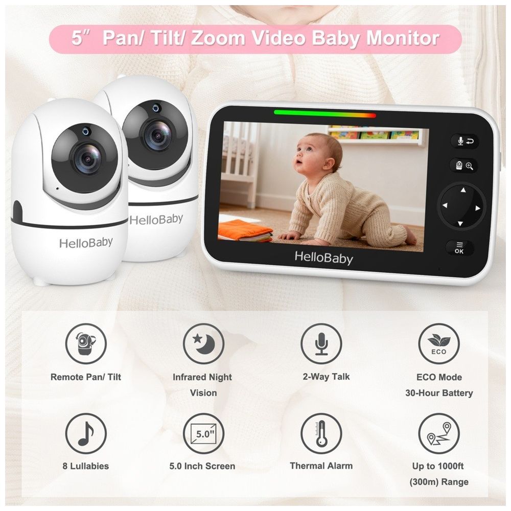 Hello Baby LCD Baby Safety Monitor With 2 Camera Set - White/Gold - 5-Inch