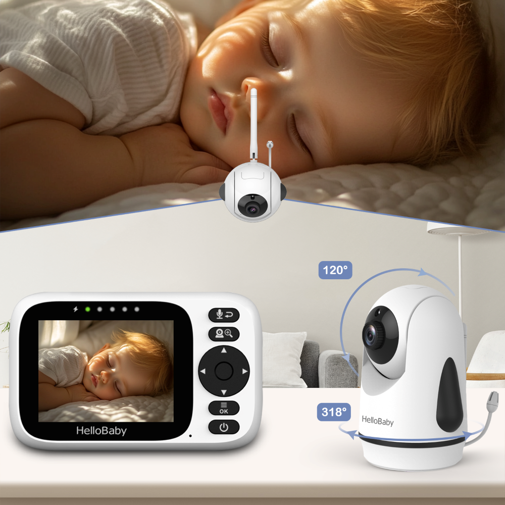 Hello Baby 3.2 Inch LCD Video Baby Monitor with Remote Pan Tilt & Zoom 2 Way Talk - 1000 Ft - Night Vision