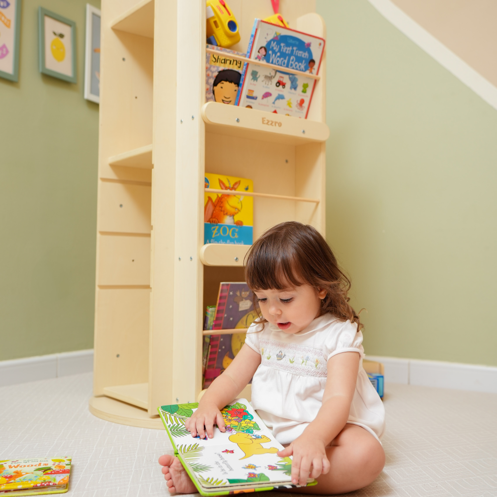 Ezzro - Kids Rotating Library Bookshelf Organizer - Natural