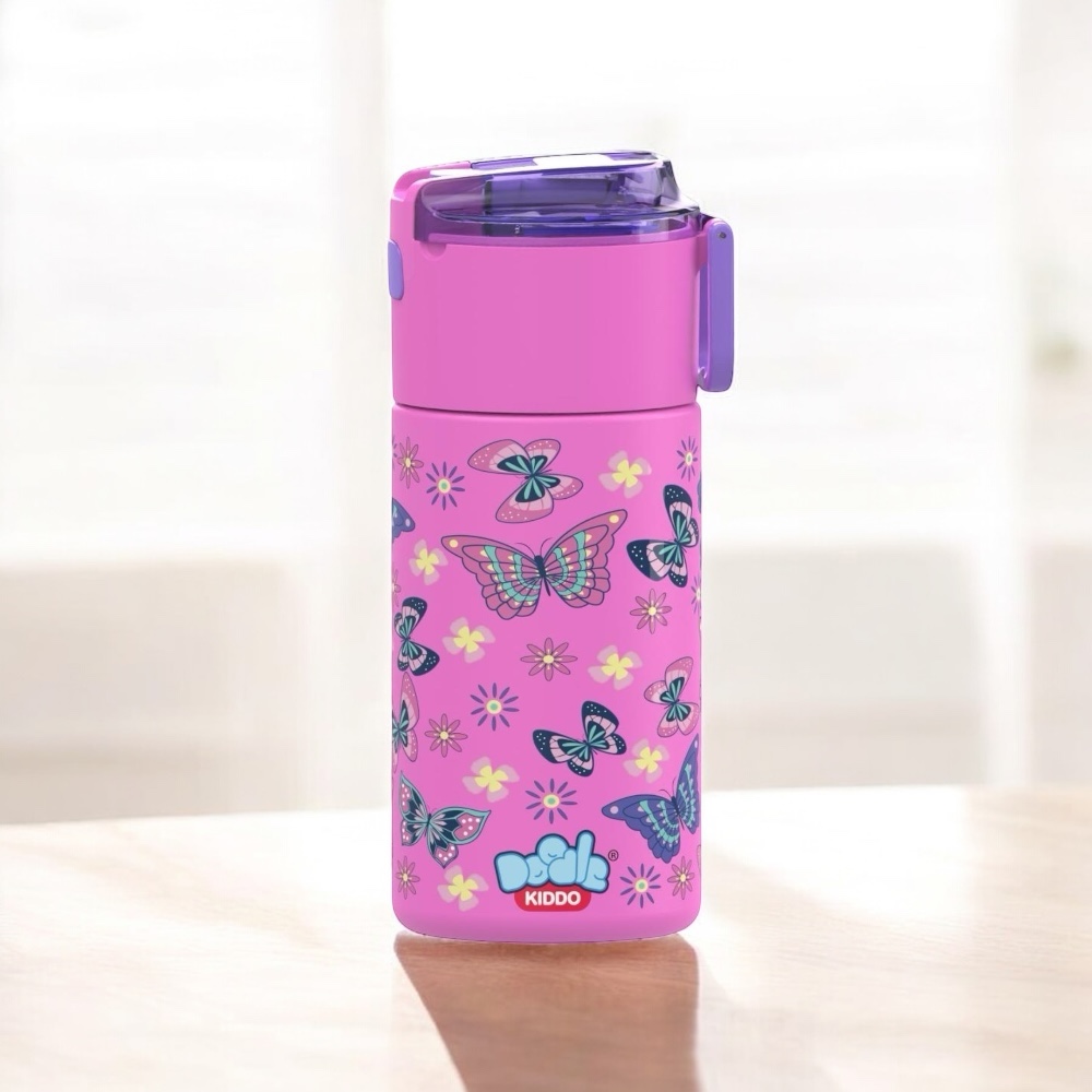 Doodle Kiddo - Butterfly Stainless Steel Water Bottle - Pink - 450 ml