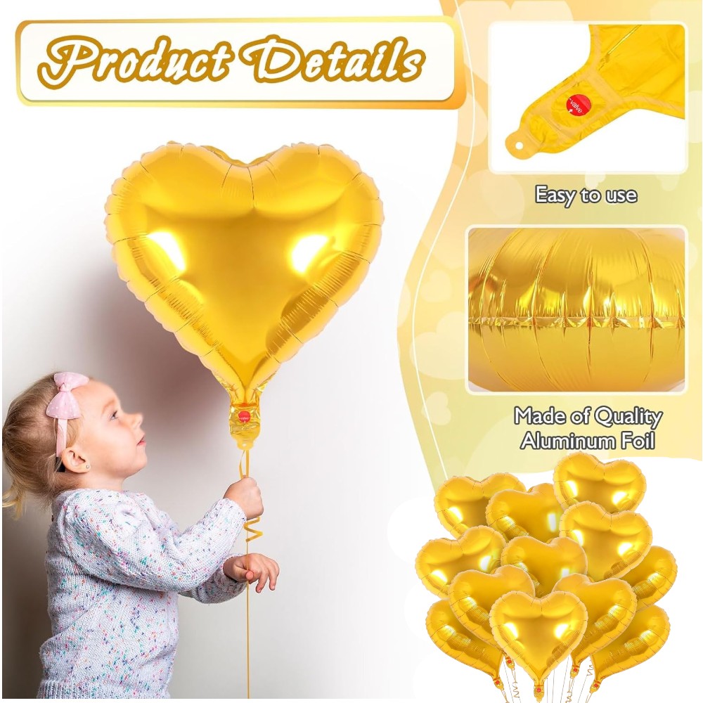 Doodle Kiddo - Heart Shaped Foil Balloons - Gold - Pack of 12