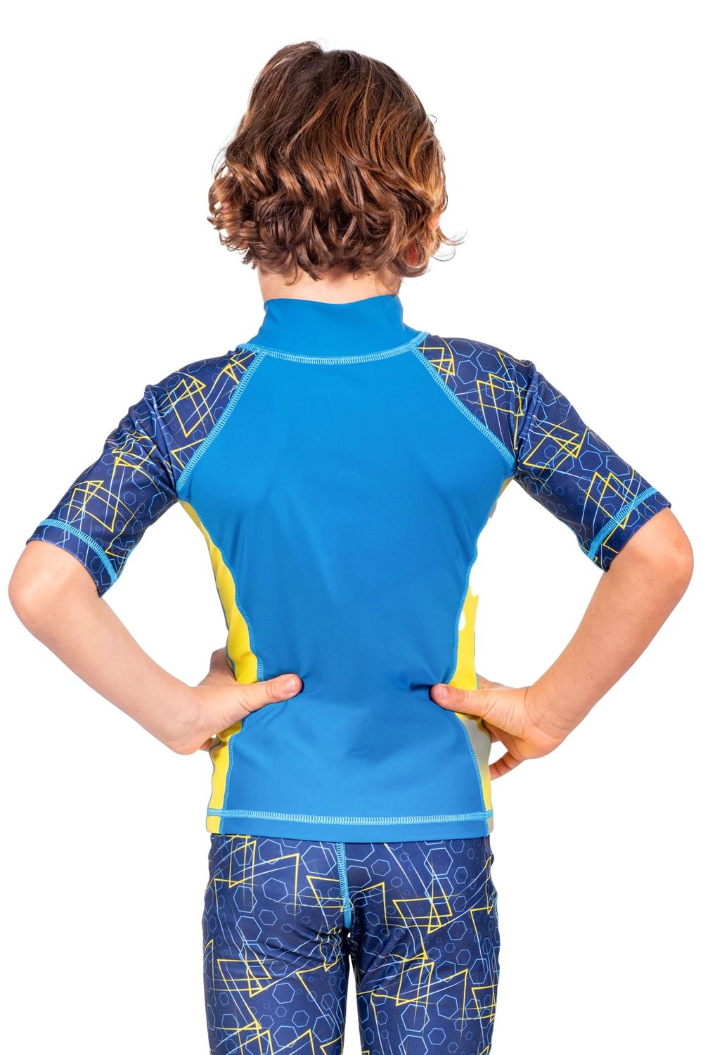 ملابس الشمس كويغا - سترة حماية للسباحة بأكمام قصيرة للأطفال - هندسي كحلي