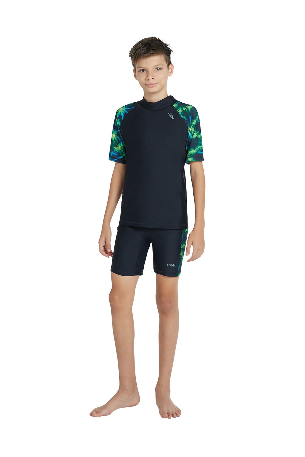 ملابس الشمس كويغا - مجموعة سترة حماية للسباحة أولاد بأكمام قصيرة وشورت سباحة - نيرو أخضر - قطعتين