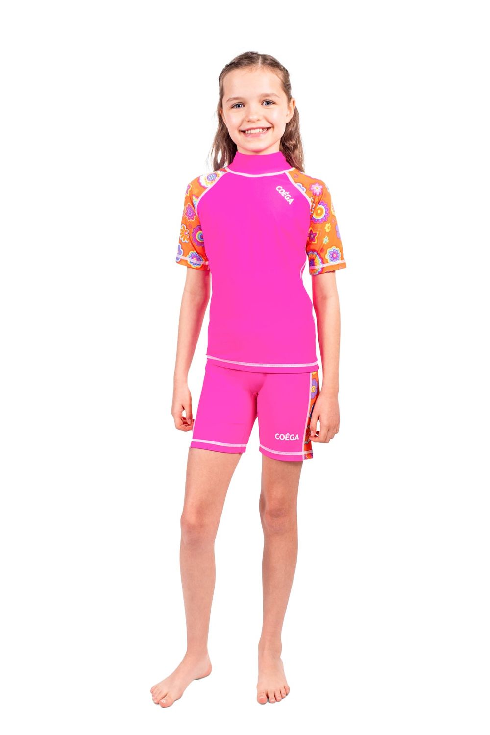 Coega Sunwear - 2pc-Set - Girl's Rash Guard & Swim Shorts - Pink Orange Groovy