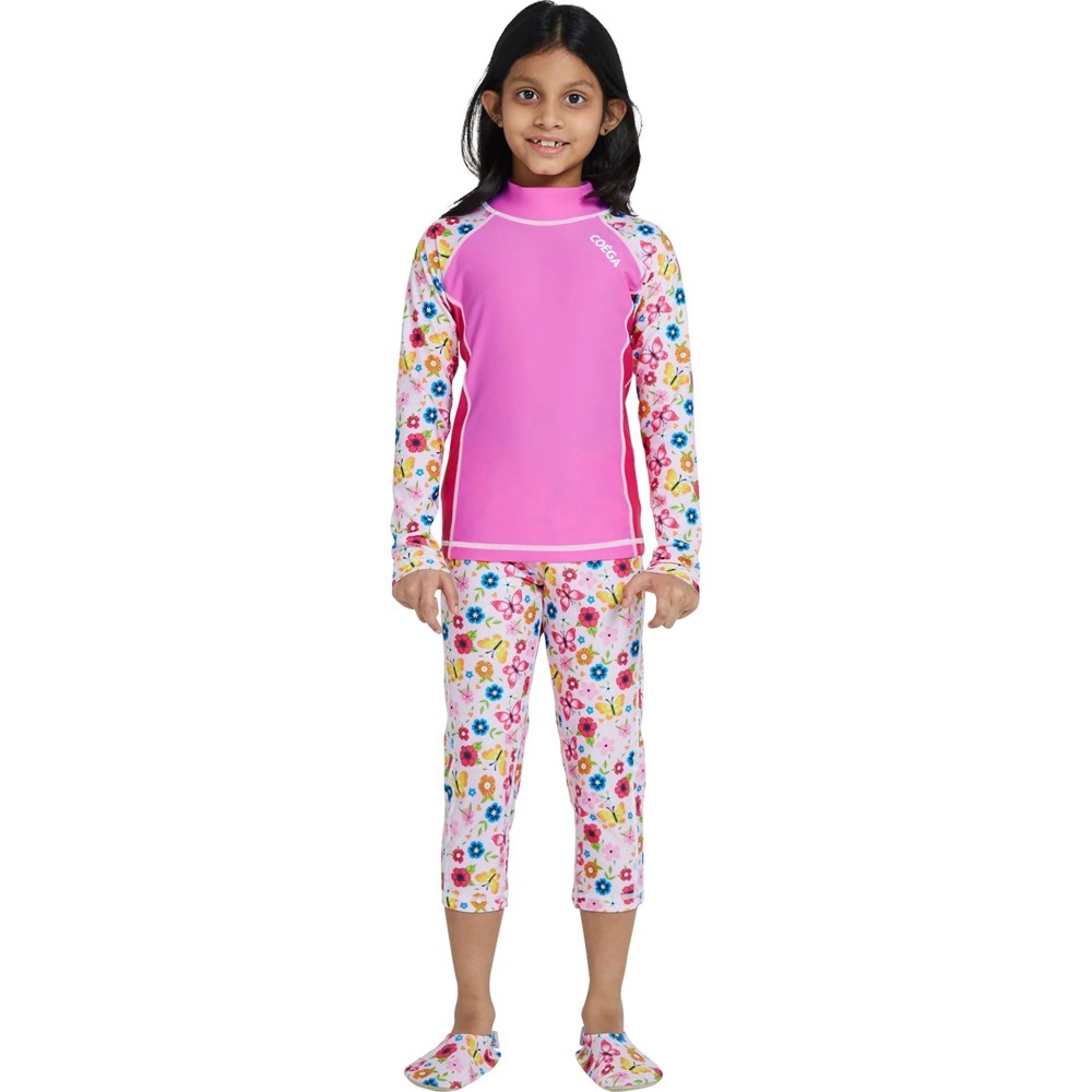 ملابس الشمس كويغا - سترة حماية للسباحة بأكمام طويلة للبنات - أزهار زهرية