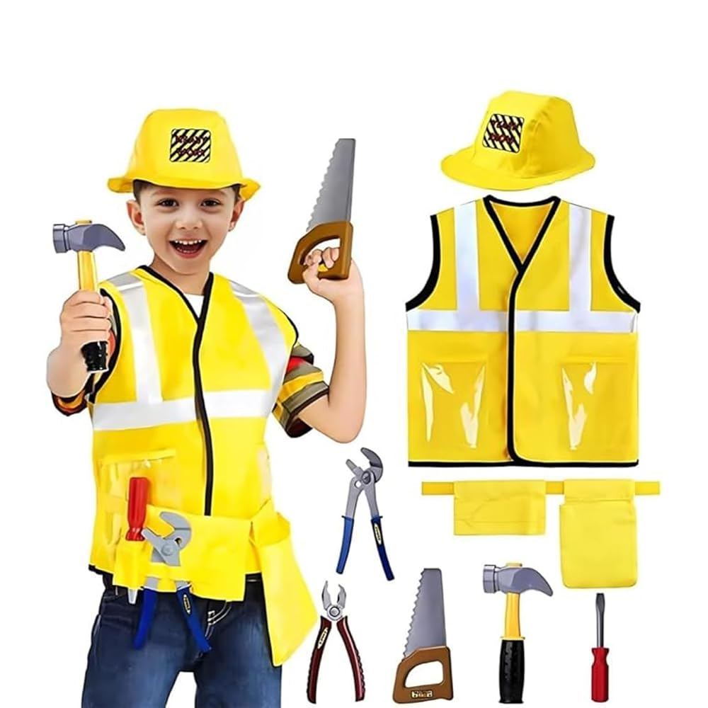 BrainGiggles - Construction Worker Costume For Kids - 7pcs