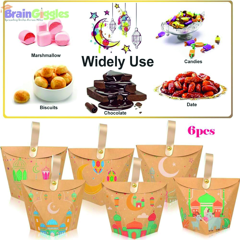 BrainGiggles - Eid Mubarak Kraft Paper Gift Bags - 6 Pcs - Design May Vary