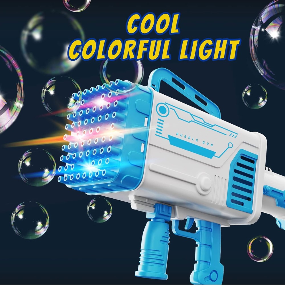 Brain Giggles - 64 Holes Electric Rocket Bubble Maker Gun With Lights Toys For Kids - Blue