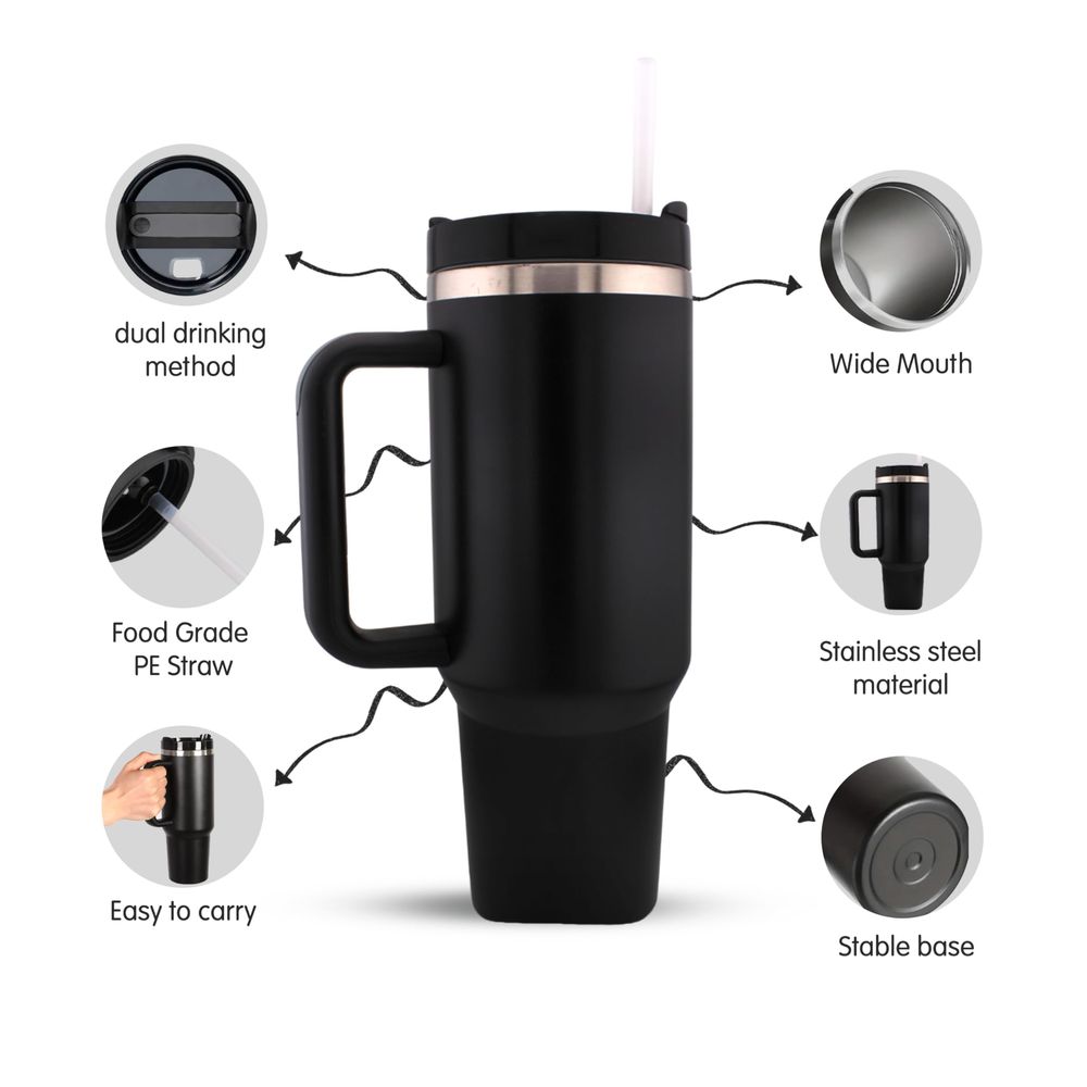 كرافيستا - كوب معزول مفرغ من الهواء من الفولاذ المقاوم للصدأ مع ماصة وغطاء ومقبض - 40 أونصة/1200 مل