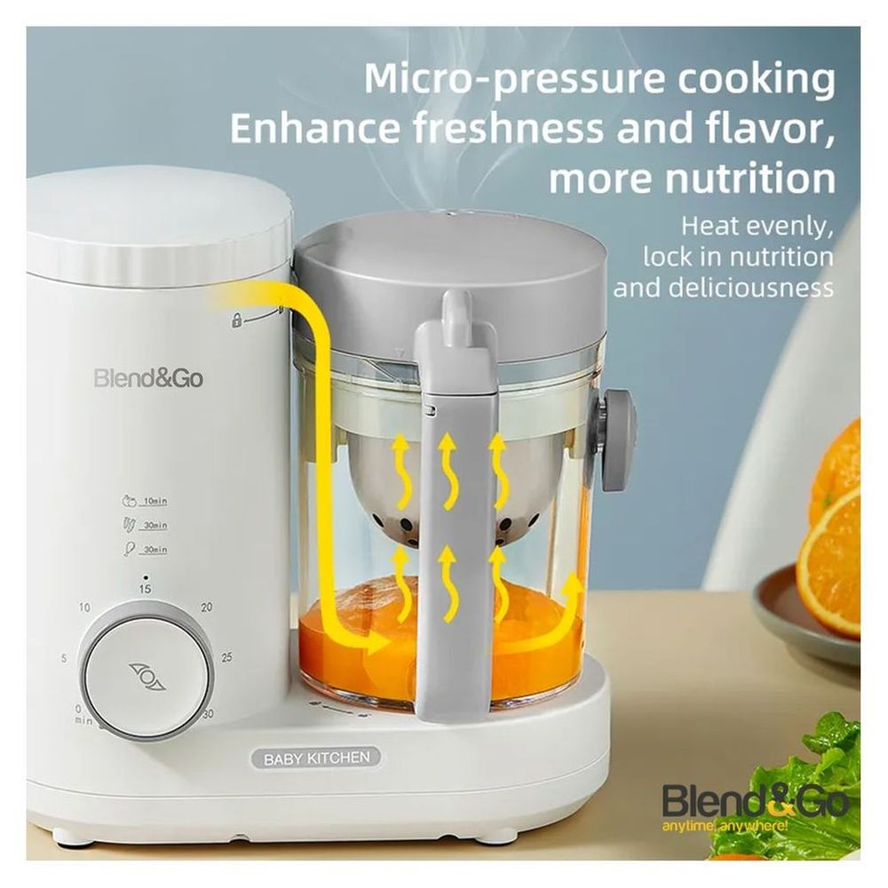 بليندنغو - جهاز تحضير طعام الأطفال 4 في 1، جهاز طهي بالبخار وخلاط - أبيض