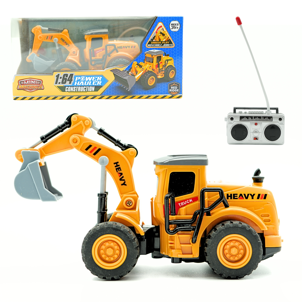 ريدريدج - حفارة بناء صغيرة تعمل بجهاز تحكم عن بعد بمقياس 1/64 مع أجزاء متحركة - أصفر