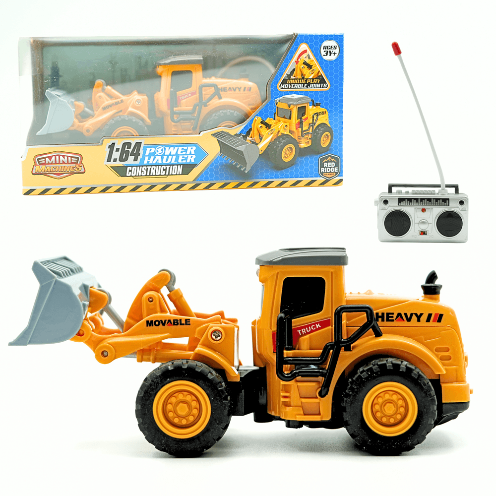 ريدريدج - جرافة انزلاقية صغيرة الحجم تعمل بجهاز تحكم عن بعد بمقياس 1/64 مع أجزاء متحركة - أصفر