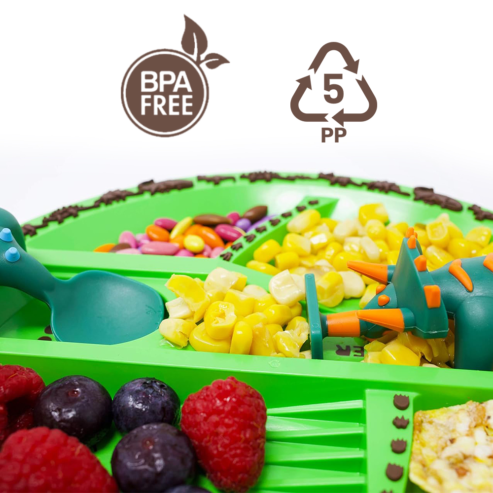 إيزي كيدز - صحن وملعقة وشوكة وأداة دفع الطعام - ديناصور