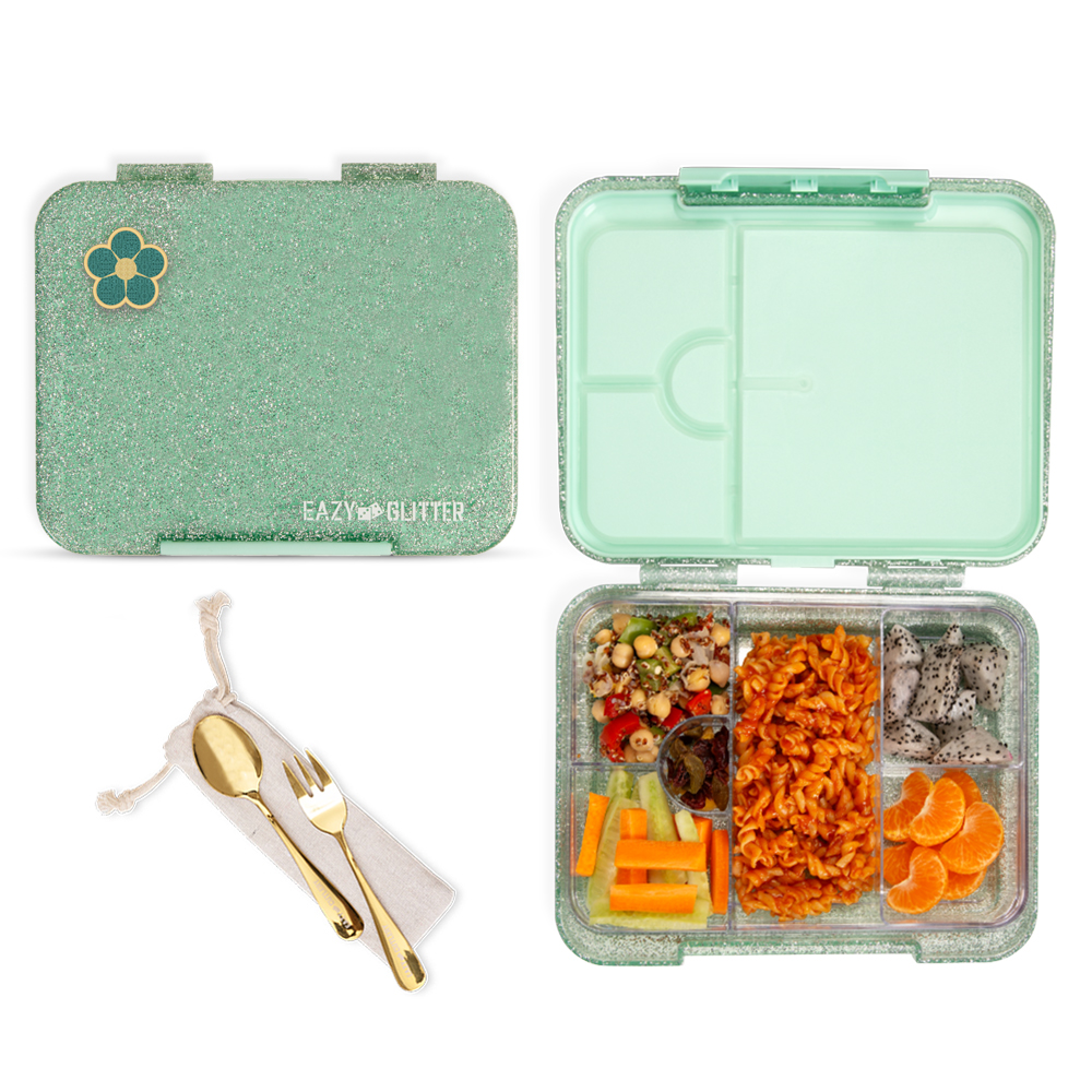 Eazy Kids - Convertible Bento Lunch Box W/ Lunch Bag & Cutlery - Glitter Green/Grey