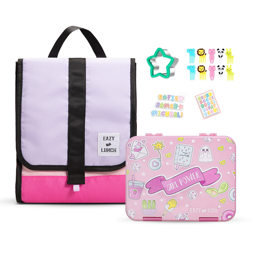 Eazy Kids - 5&4 Convertible Bento Lunch Box with Lunch Bag & Sandwich Cutter Set - Pink