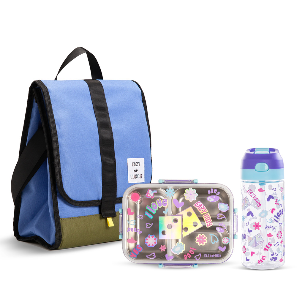 Eazy Kids - 800ml Lunch Box With 500ml Water Bottle & Blue Lunch Bag - Purple